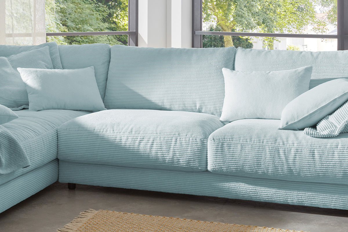 KAWOLA Sofa MADELINE Ecksofa mit Recamiere Cord hellblau