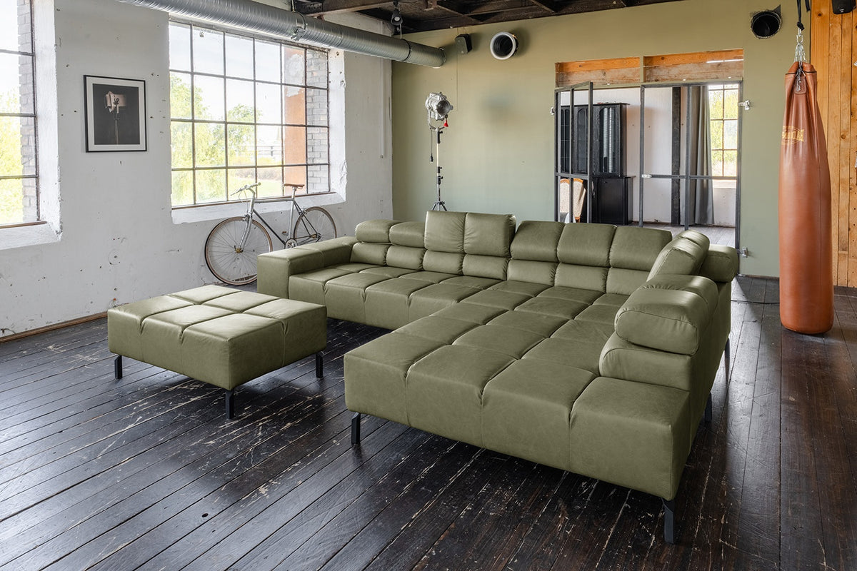 KAWOLA Sofa NELSON Ecksofa Leder olivgrün, Rechts, Mit Fußhocker, Relaxfunktion