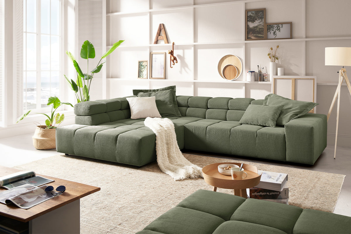 KAWOLA Sofa NEVADA Ecksofa Feincord olivgrün, Links, Relaxfunktion