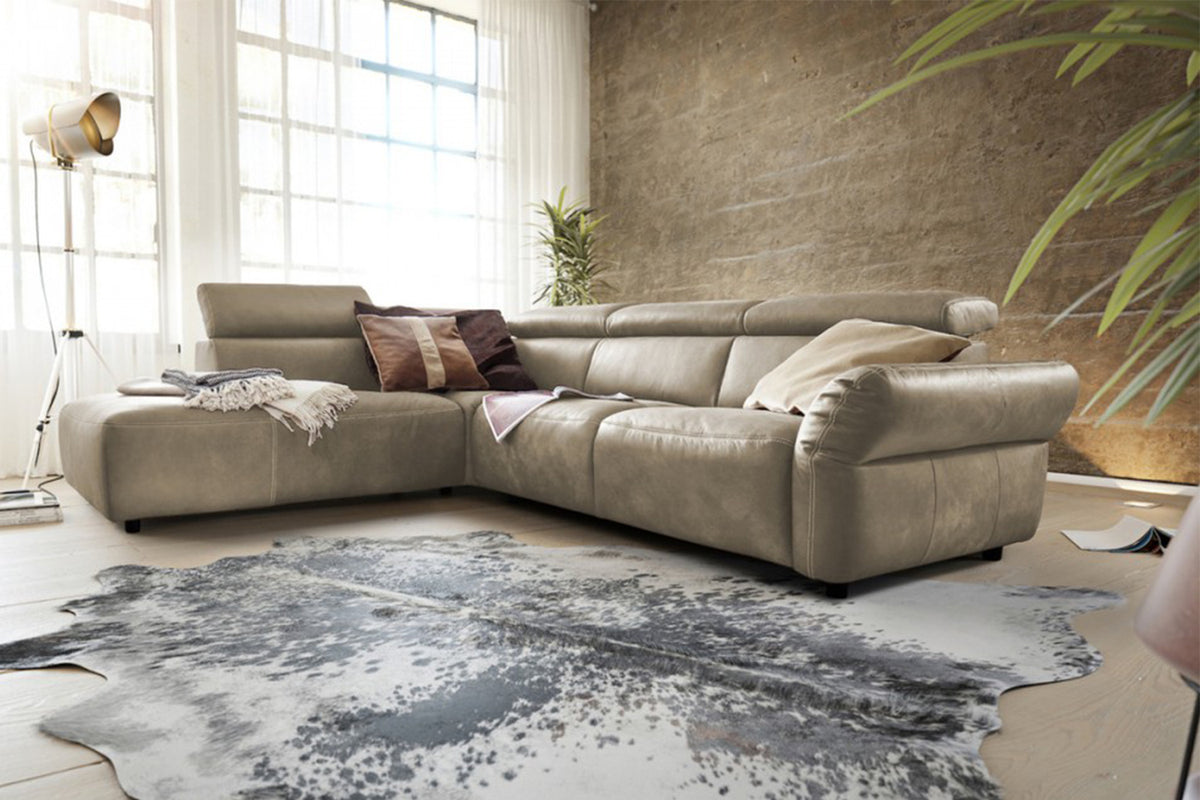 KAWOLA Sofa RISO Ecksofa mit motorischer Sitztiefenverstellung Leder grau, Links