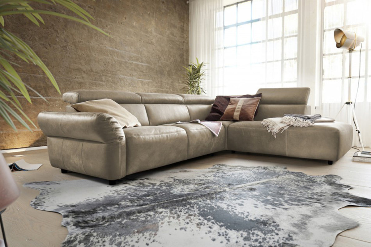 KAWOLA Sofa RISO Ecksofa mit motorischer Sitztiefenverstellung Leder grau, Rechts