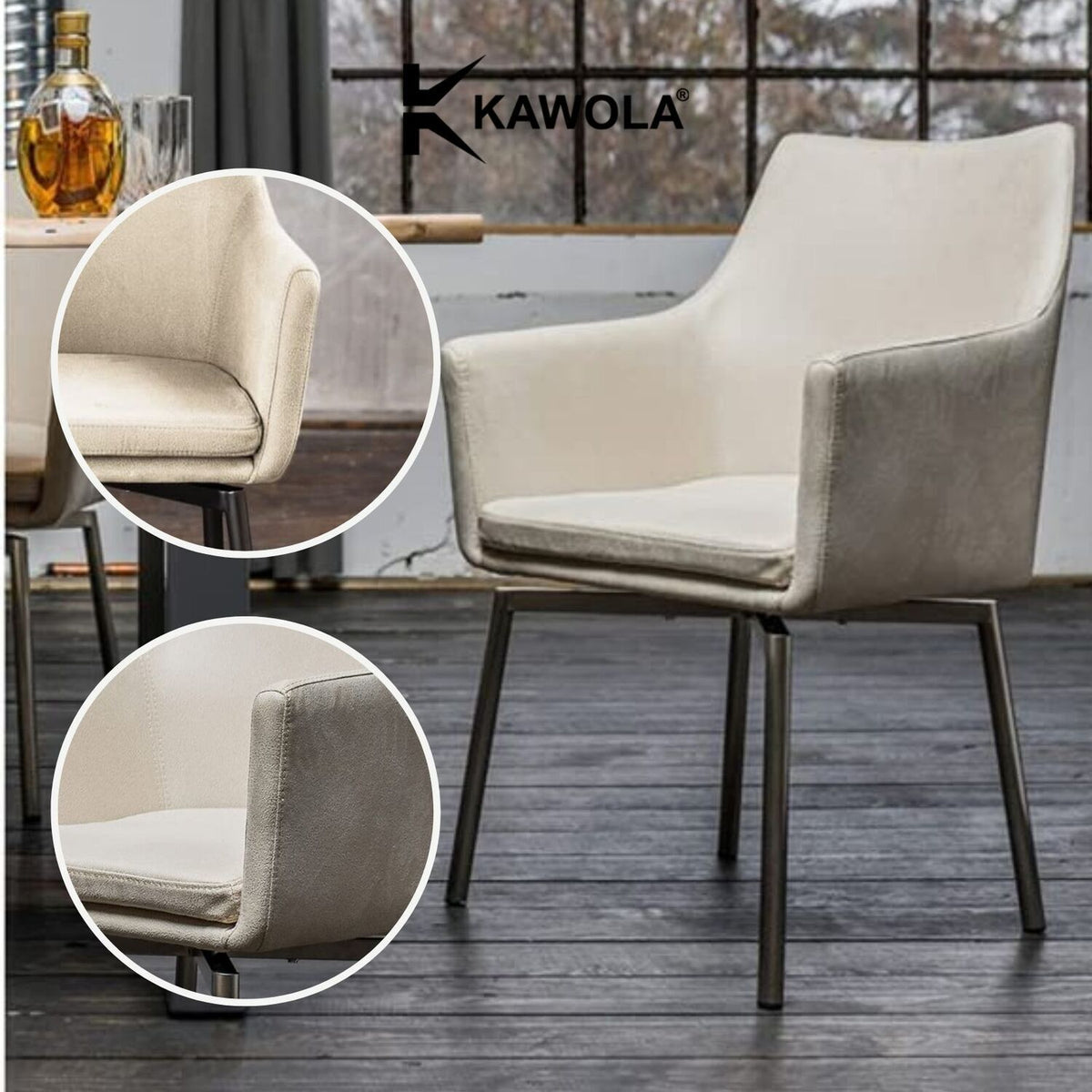 KAWOLA Stuhl Cali Sessel Microfaser Esszimmerstuhl creme Füße matt-schwarz