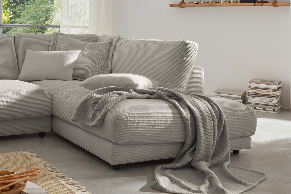 B-Ware KAWOLA Sofa MADELINE Ecksofa Cord steingrau Recamiere rechts
