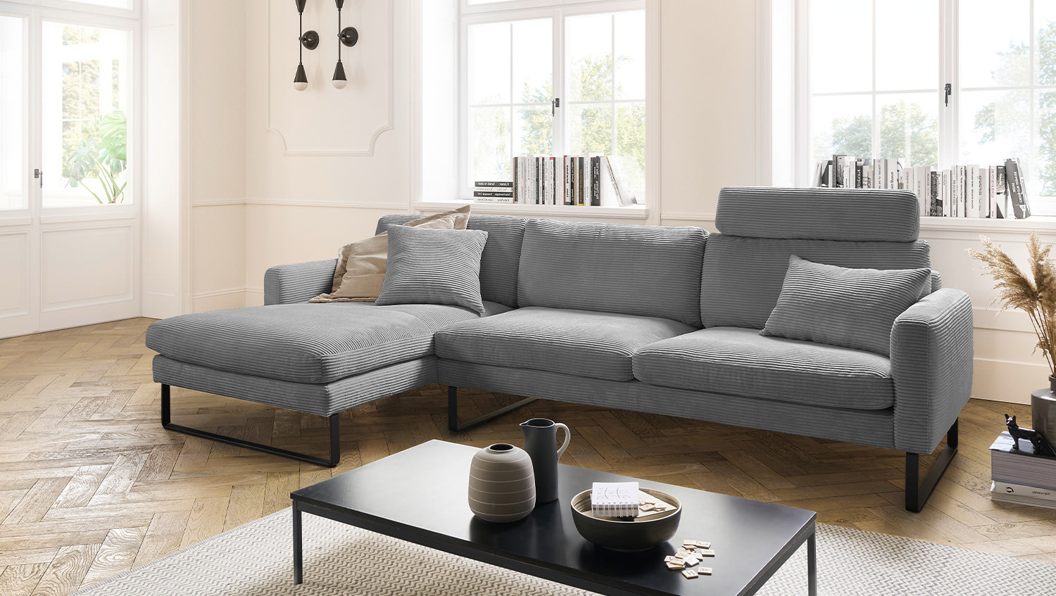 B-Ware KAWOLA Sofa RICARDA Ecksofa Cord grau Recamiere links