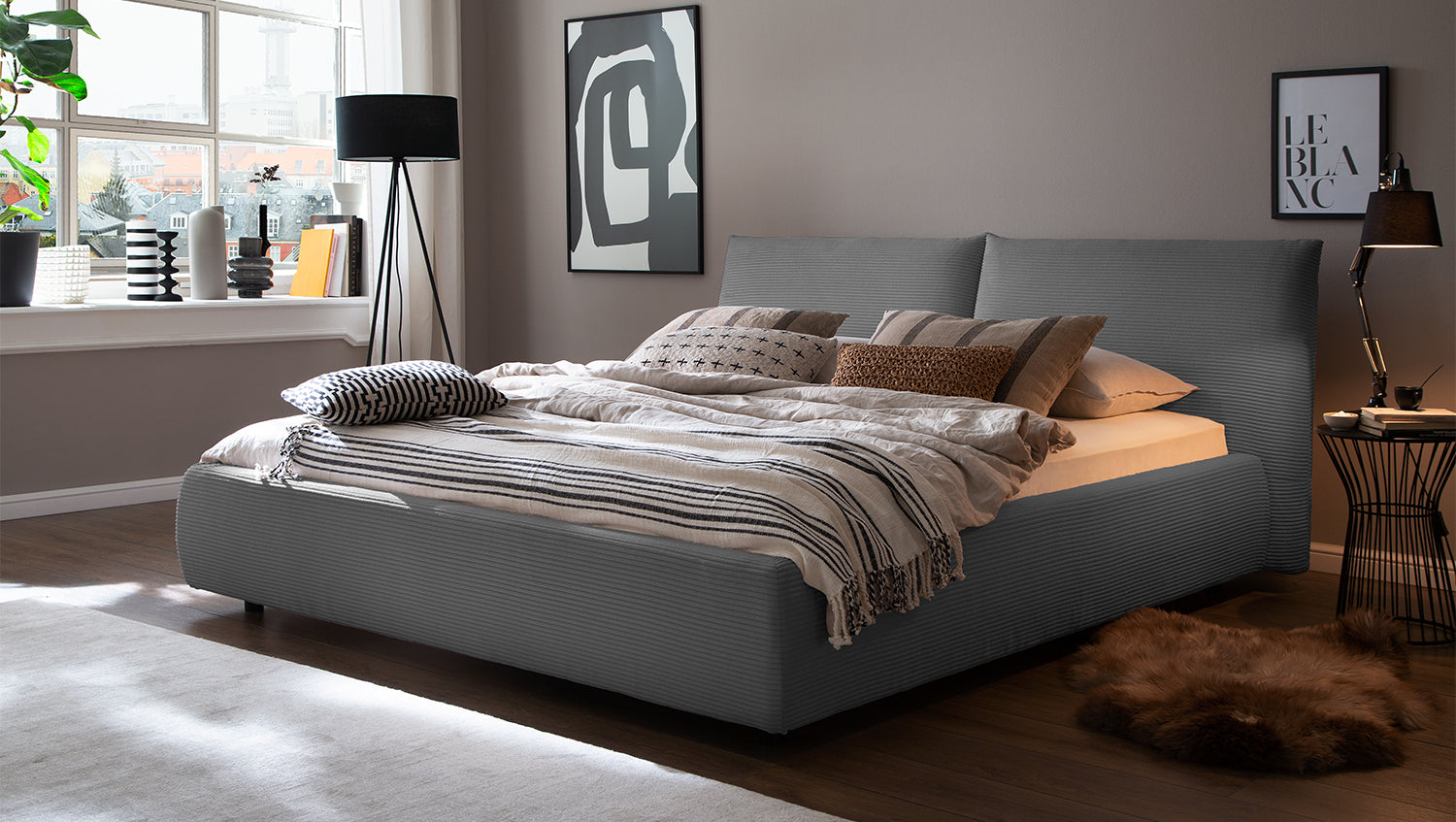 KAWOLA Bett HENRY Polsterbett Cord grau, 200 x 140 cm