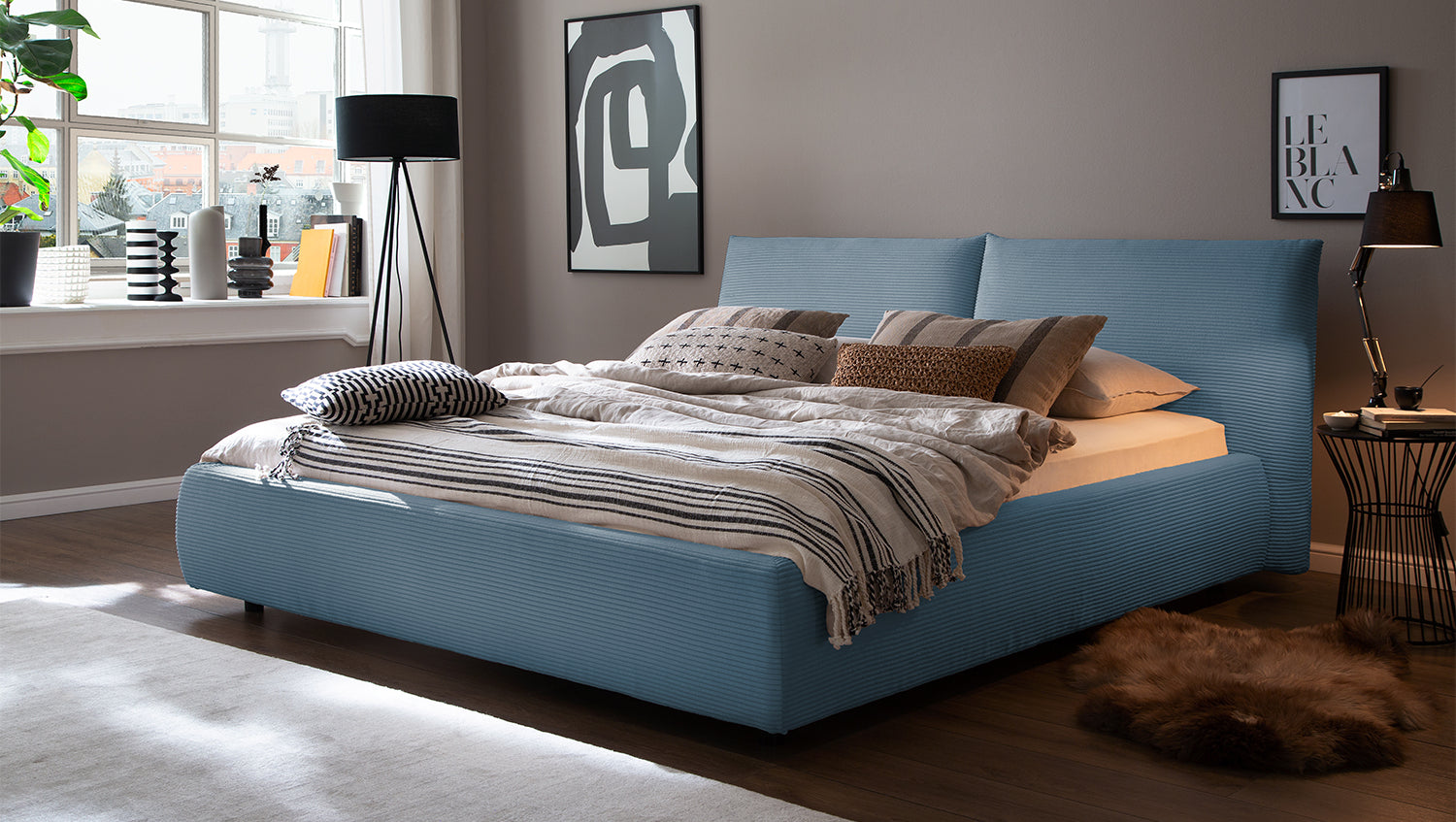 KAWOLA Bett HENRY Polsterbett Cord hellblau, 200 x 180 cm