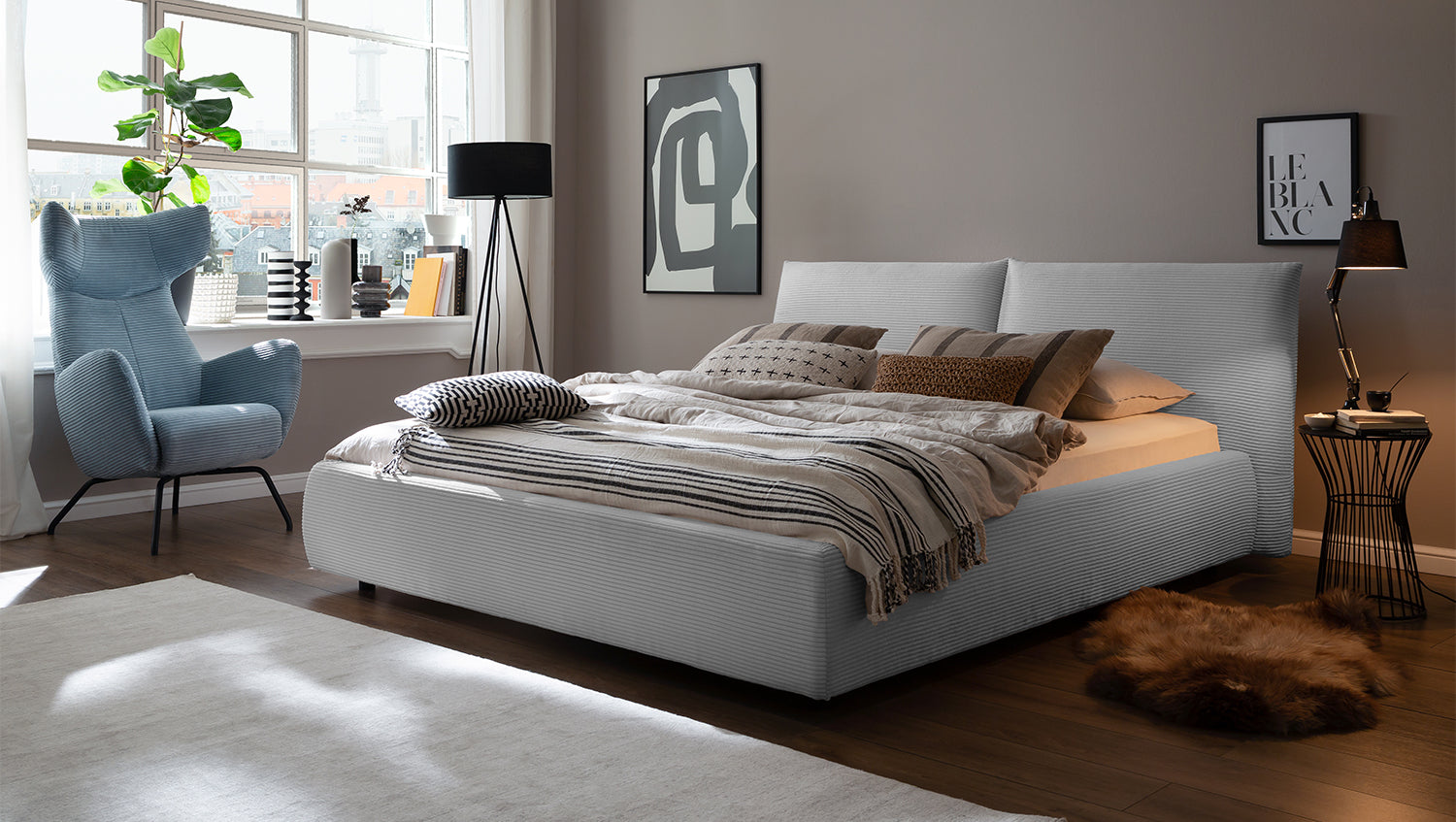 KAWOLA Bett HENRY Polsterbett Cord hellgrau