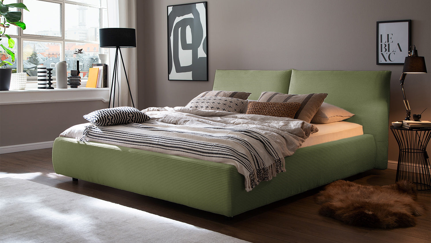 KAWOLA Bett HENRY Polsterbett Cord olivgrün, 200 x 140 cm