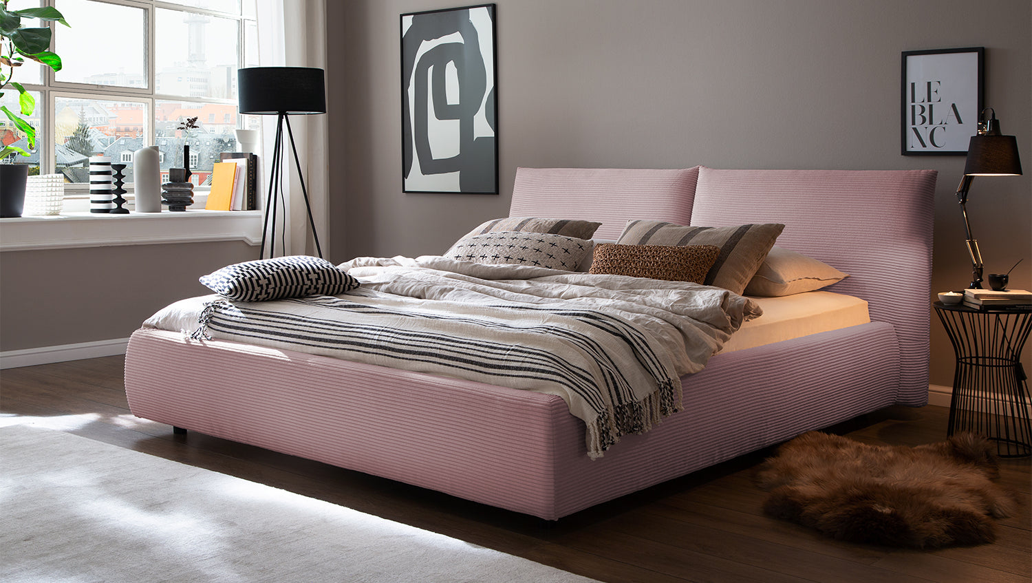 KAWOLA Bett HENRY Polsterbett Cord rosa, 200 x 180 cm