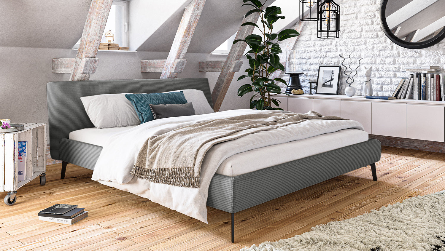 KAWOLA Bett VALERIE Polsterbett Cord grau