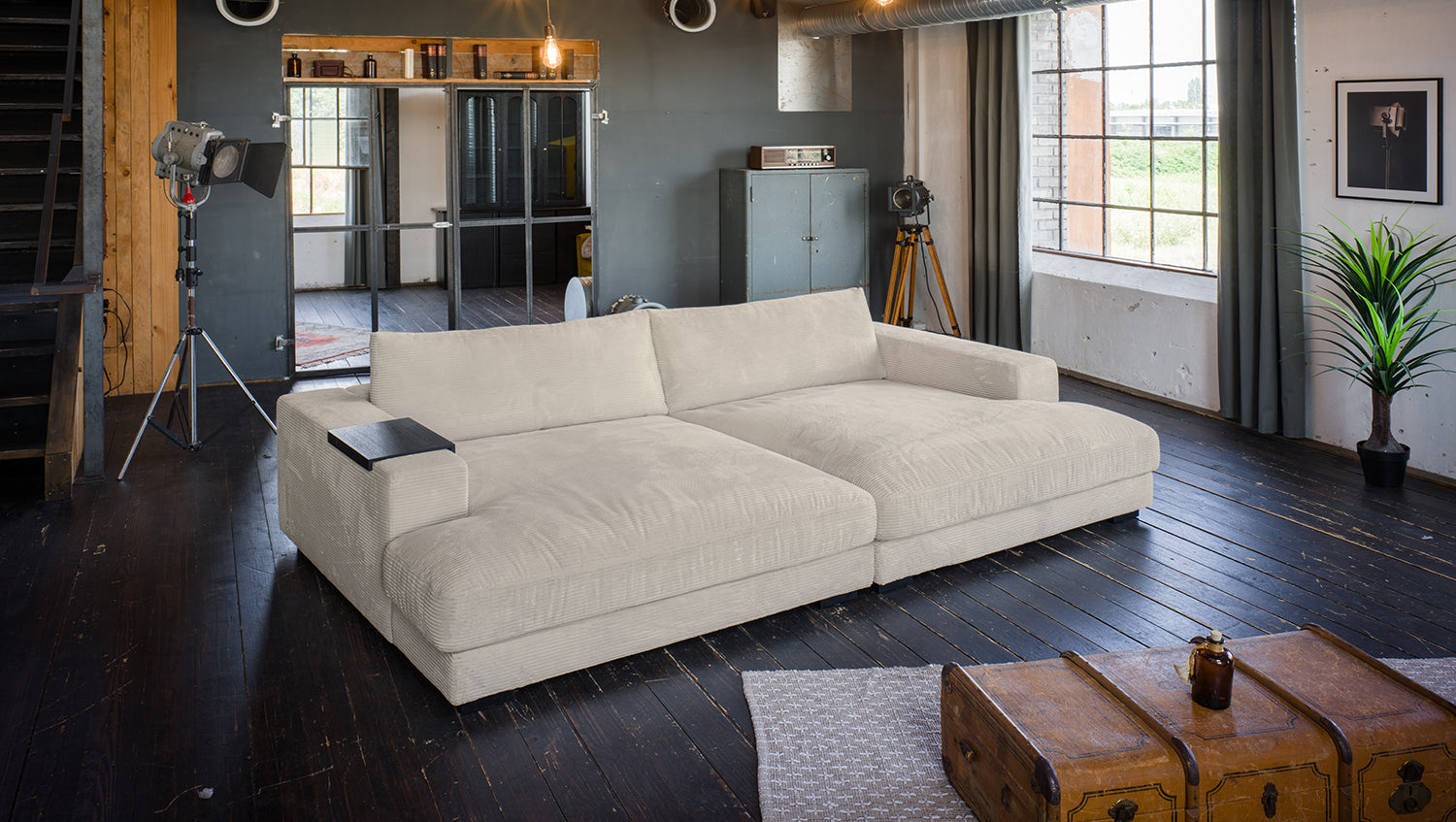 KAWOLA Big Sofa MADELINE Cord cremeweiß mit Hocker und 4 Zierkissen
