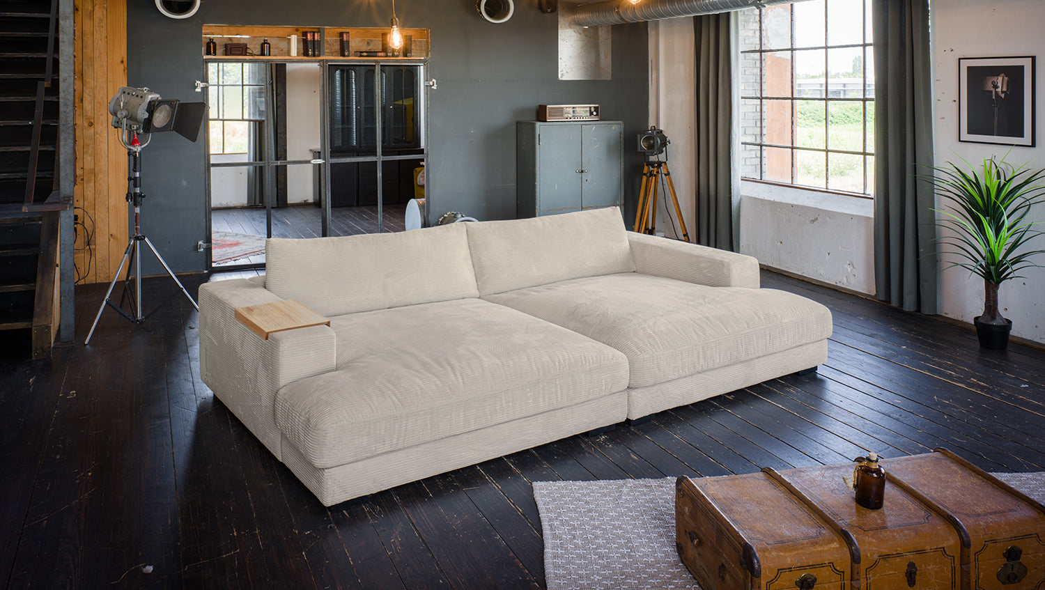 KAWOLA Big Sofa MADELINE Cord cremeweiß mit Hocker und 4 Zierkissen