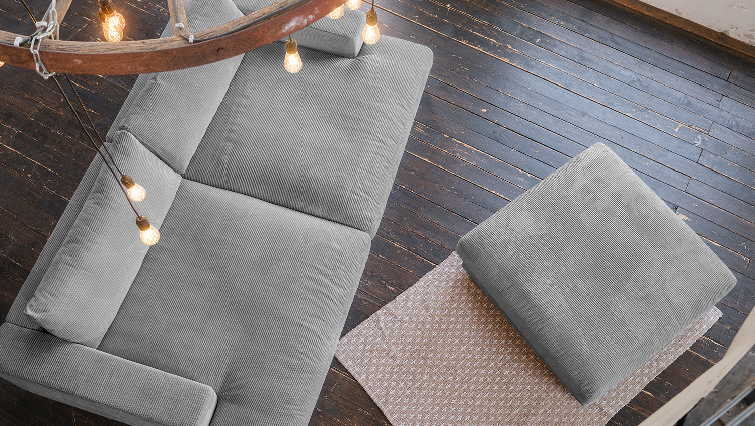 KAWOLA Big Sofa MADELINE Cord grau mit Hocker und 4 Zierkissen