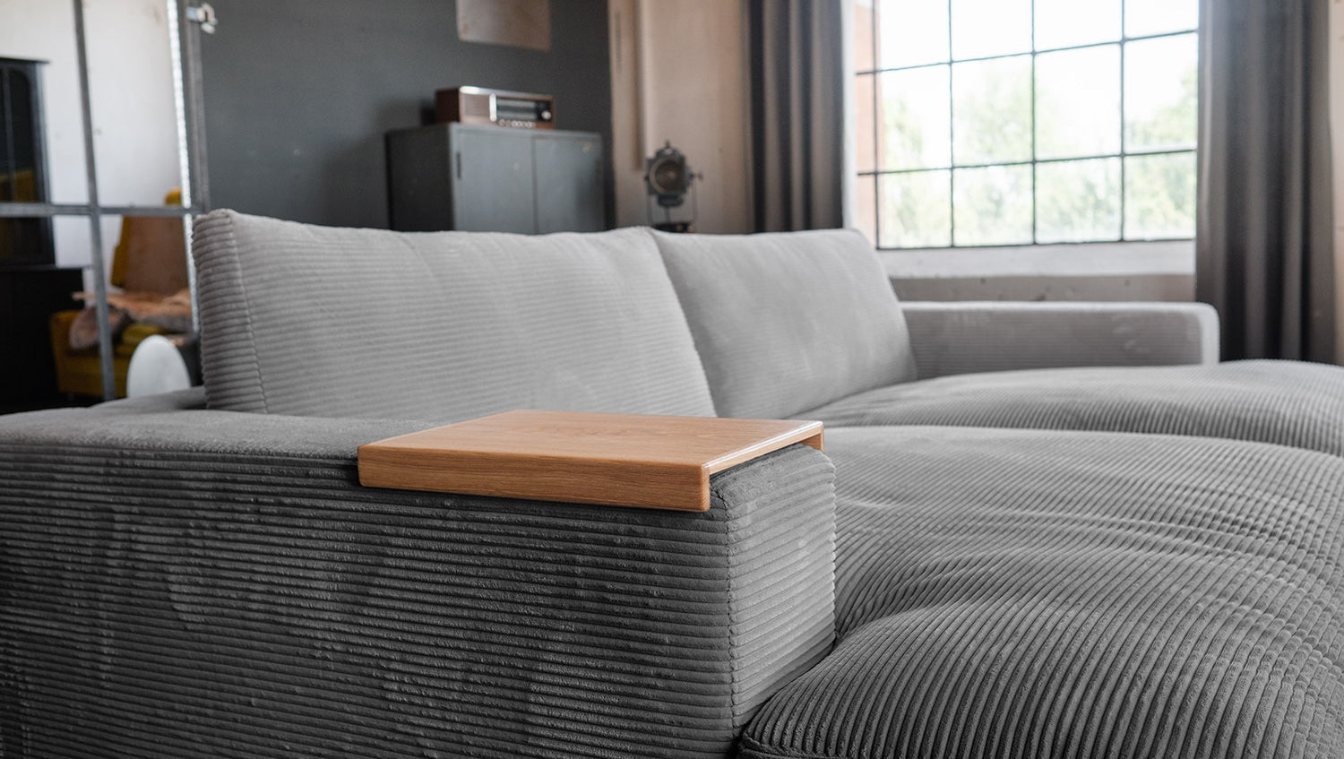 KAWOLA Big Sofa MADELINE Cord grau mit Hocker und 4 Zierkissen