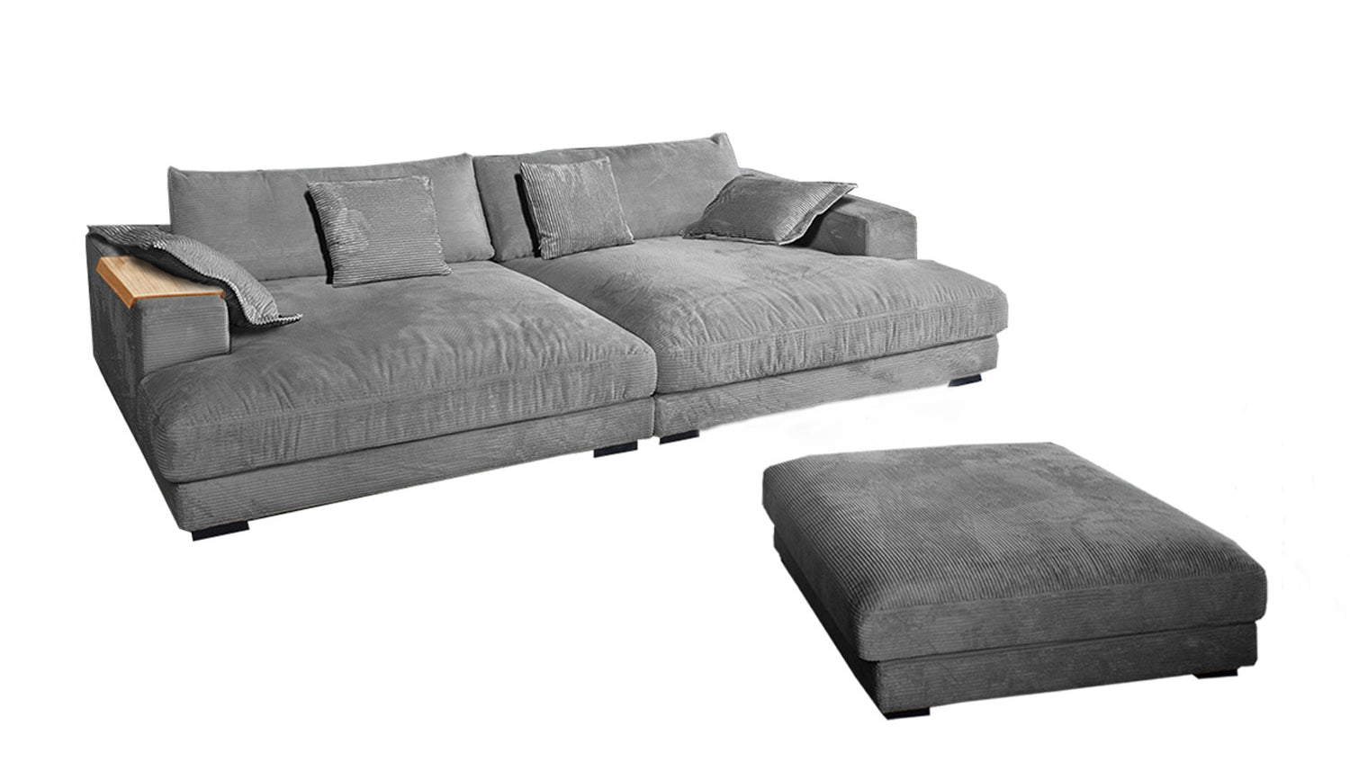 KAWOLA Big Sofa MADELINE Cord grau mit Hocker und 4 Zierkissen