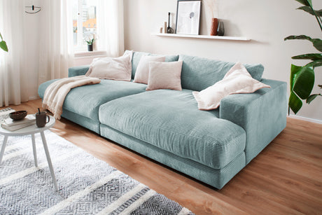 KAWOLA Big Sofa MADELINE Cord hellblau, 290 x 170, ohne Holztablett