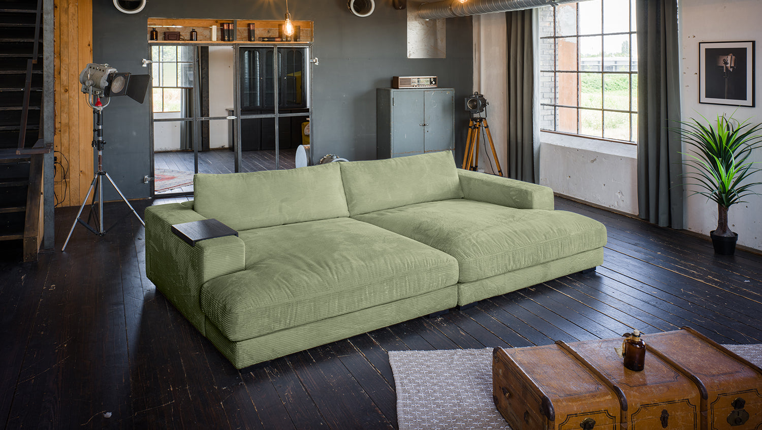 KAWOLA Big Sofa MADELINE Cord olivgrün, 290 x 170, mit Holztablett schwarz