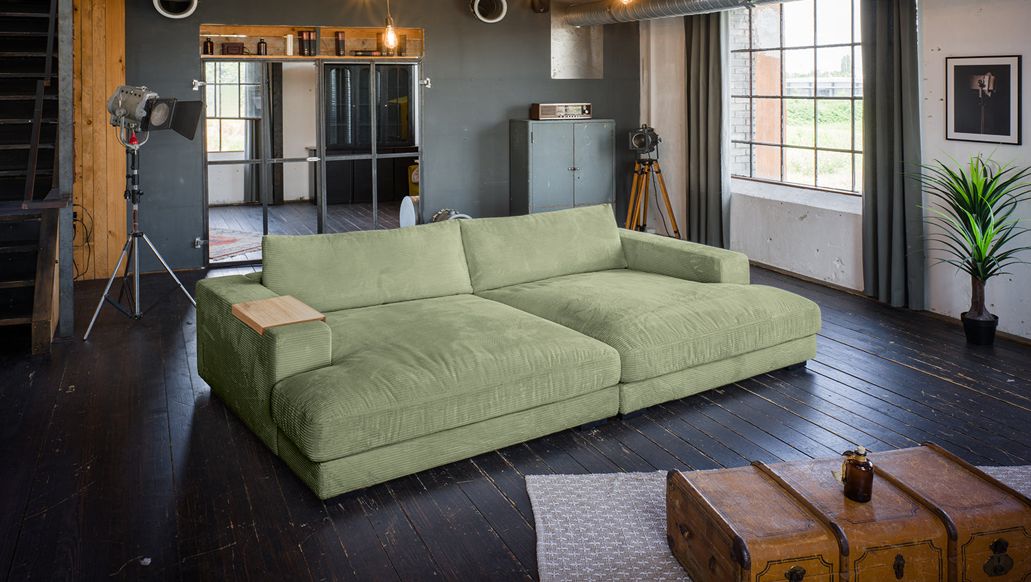 KAWOLA Big Sofa MADELINE Cord olivgrün, 290 x 190, mit Holztablett natur