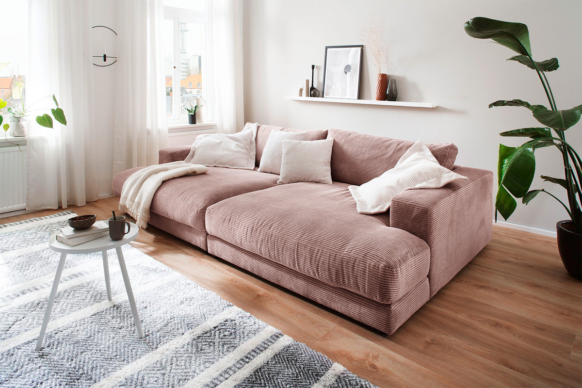 KAWOLA Big Sofa MADELINE Cord rosa, 290 x 190, ohne Holztablett