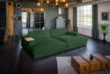 KAWOLA Big Sofa MADELINE Cord smaragd, 290 x 190, mit Holztablett natur