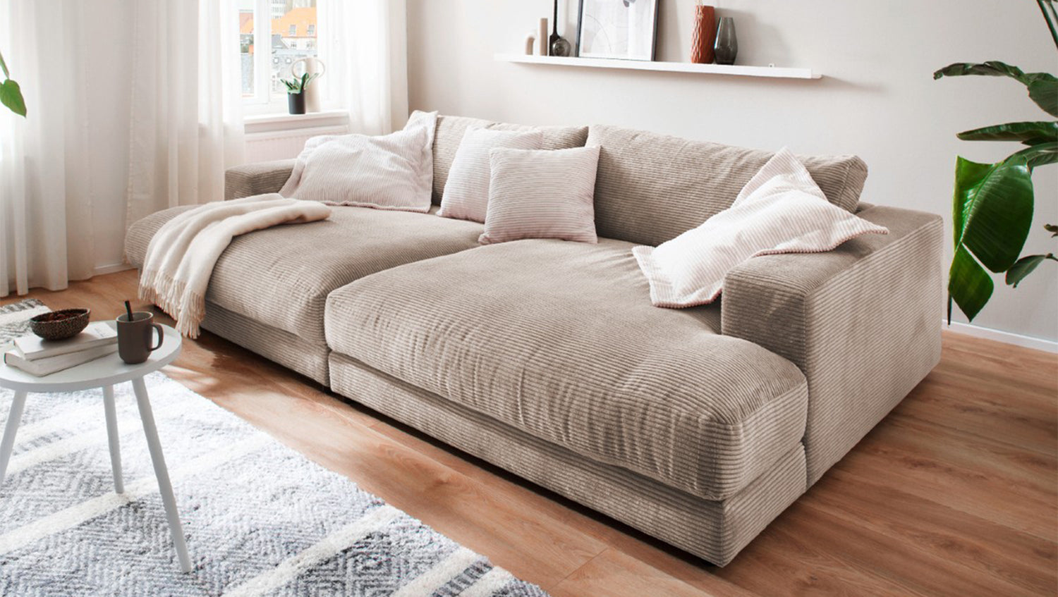 KAWOLA Big Sofa MADELINE Cord taupe, 290 x 190, ohne Holztablett