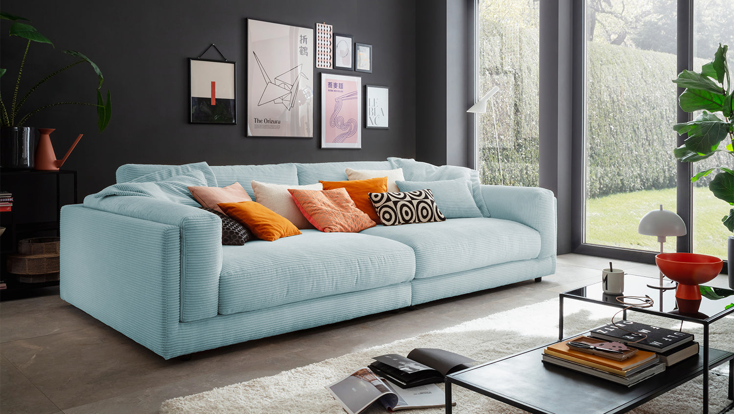 KAWOLA Big Sofa RAINA Cord hellblau, 254 x 150
