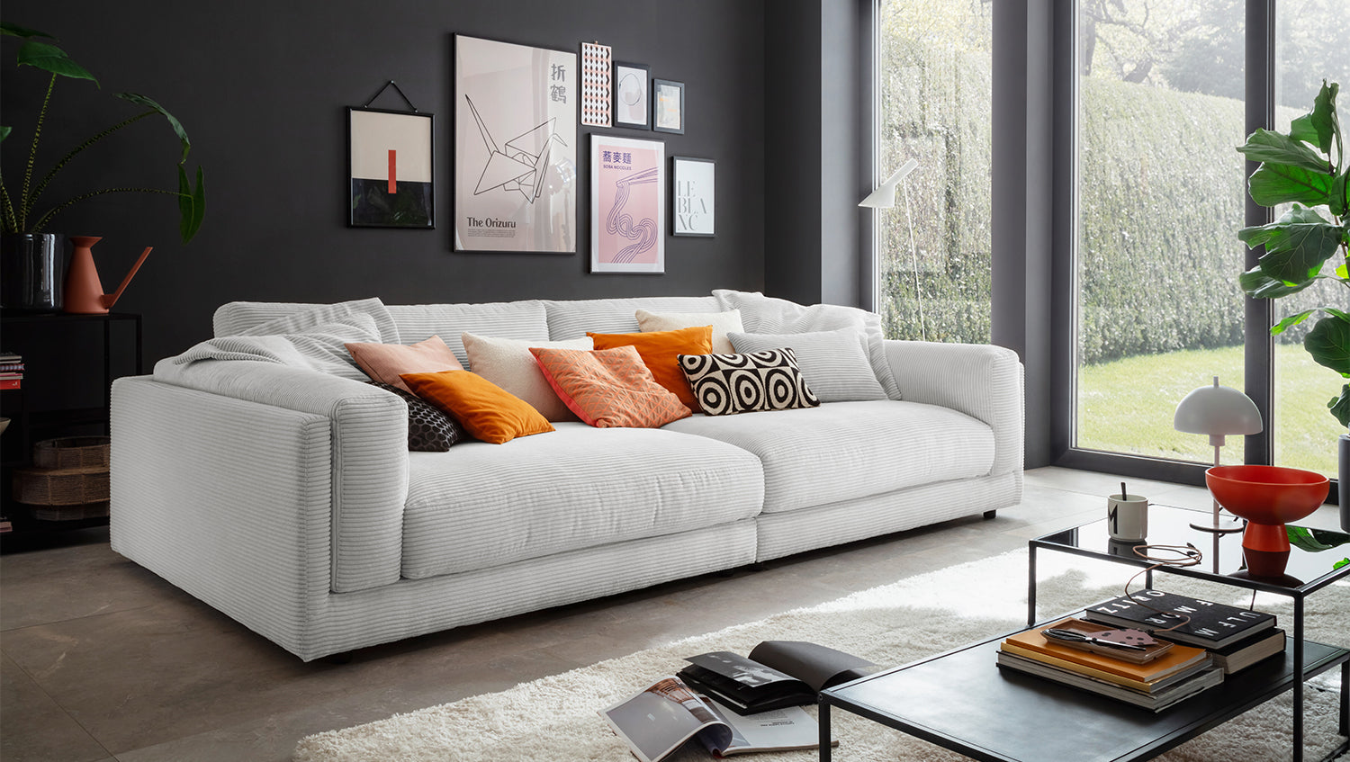 KAWOLA Big Sofa RAINA Cord hellgrau, 254 x 150
