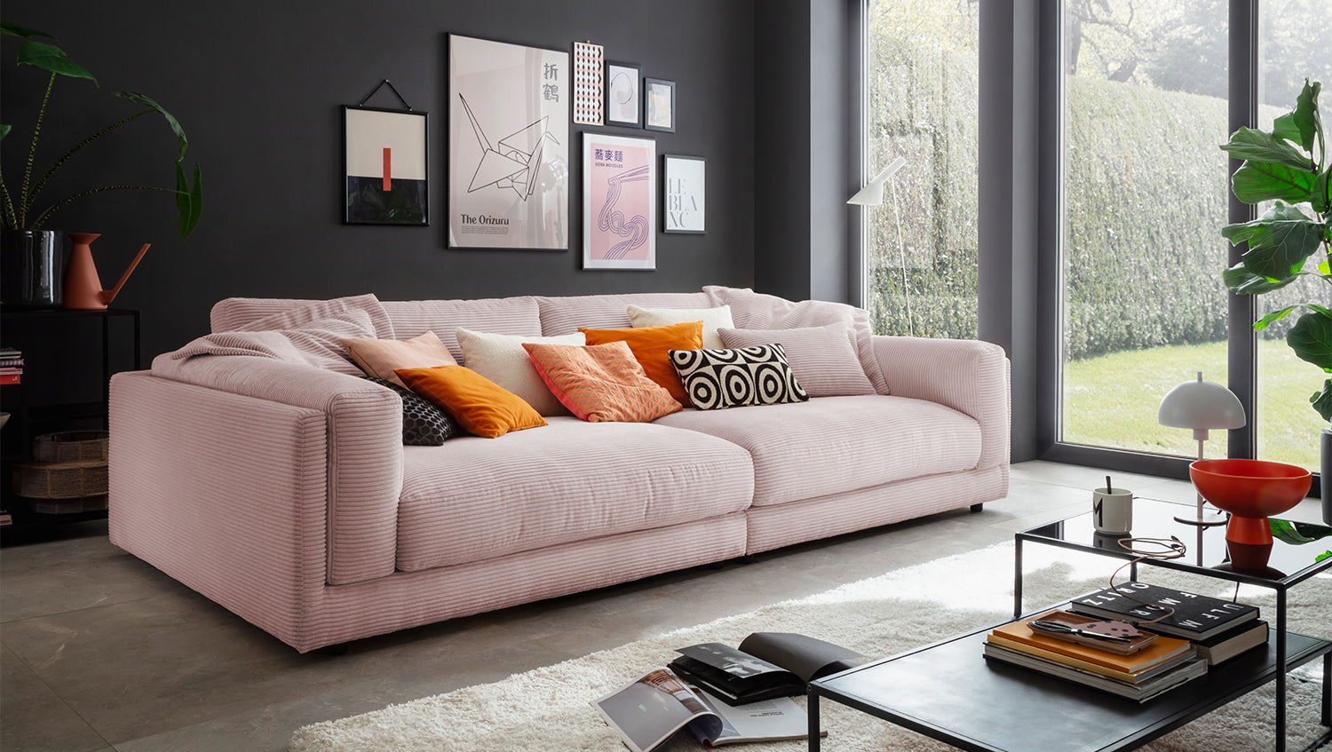 KAWOLA Big Sofa RAINA Cord rosa, 294 x 150