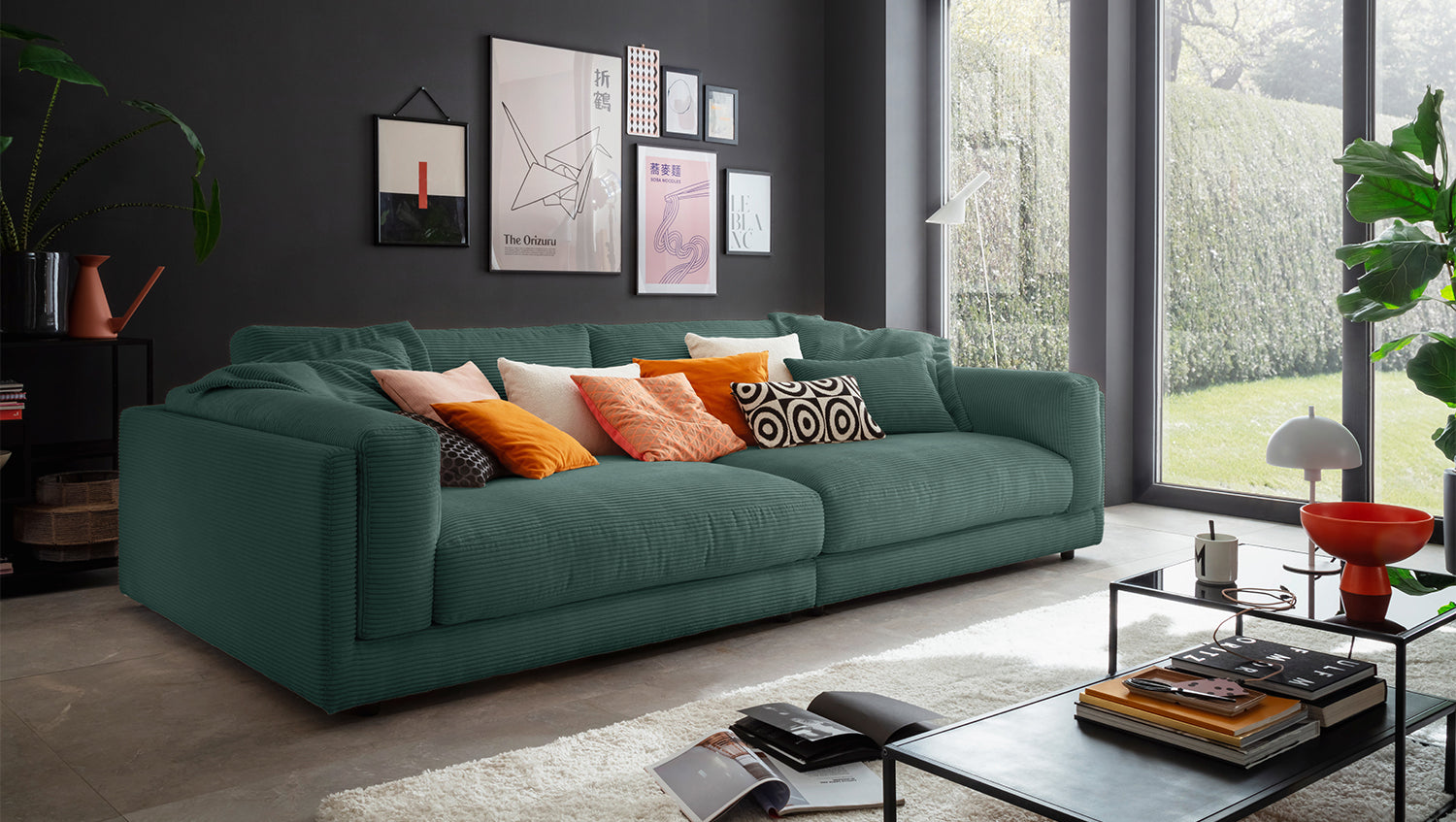 KAWOLA Big Sofa RAINA Cord smaragd, 294 x 150