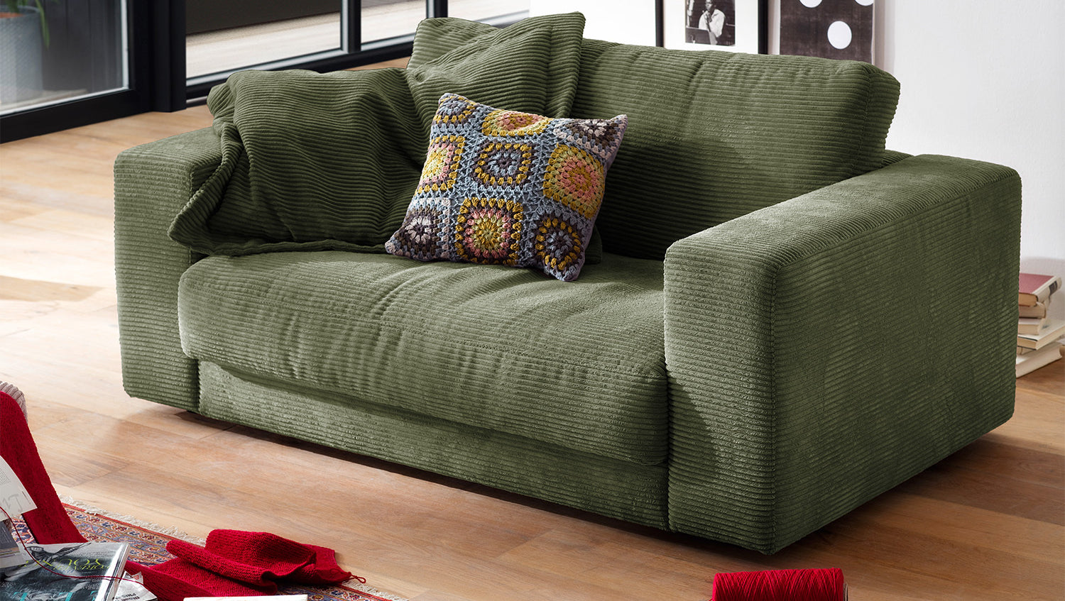 KAWOLA Doppelsessel MADELINE Loveseat Cord olivgrün