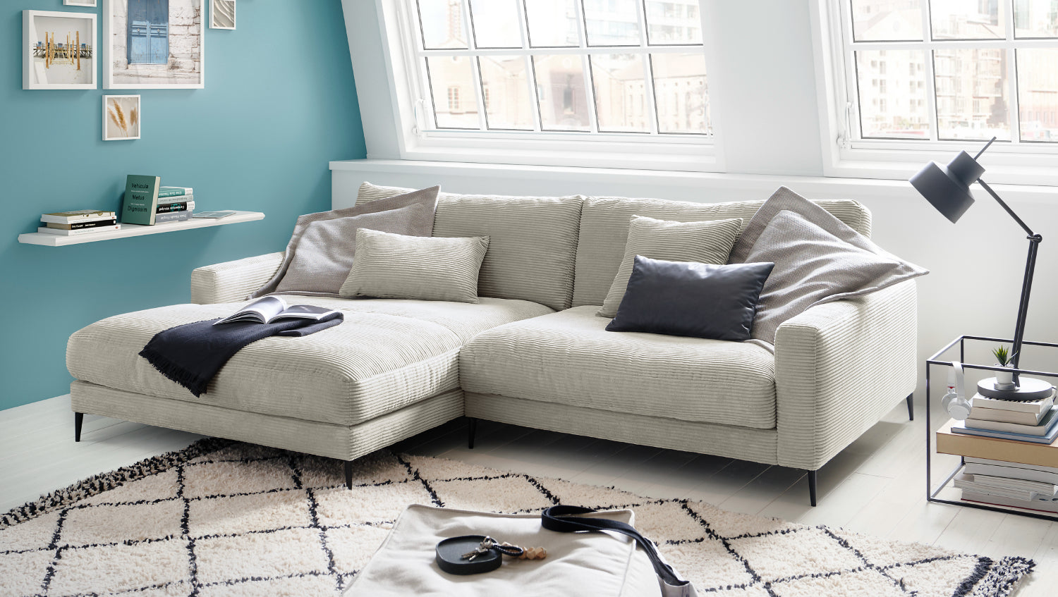 KAWOLA Ecksofa CARA Sofa Cord hellgrau, Links