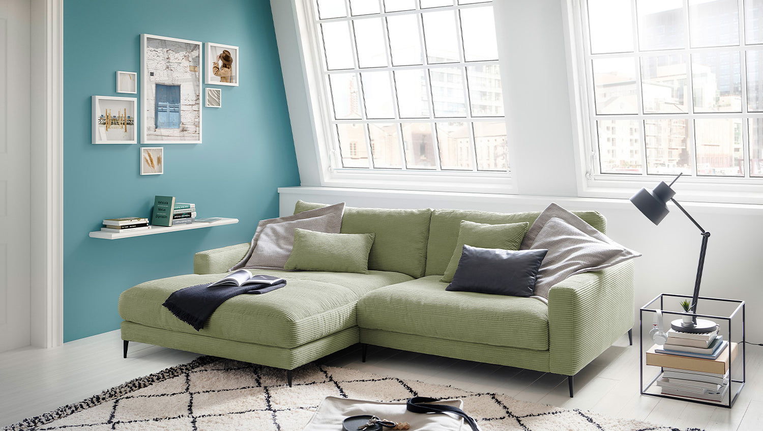 KAWOLA Ecksofa CARA Sofa Cord olivgrün, Links
