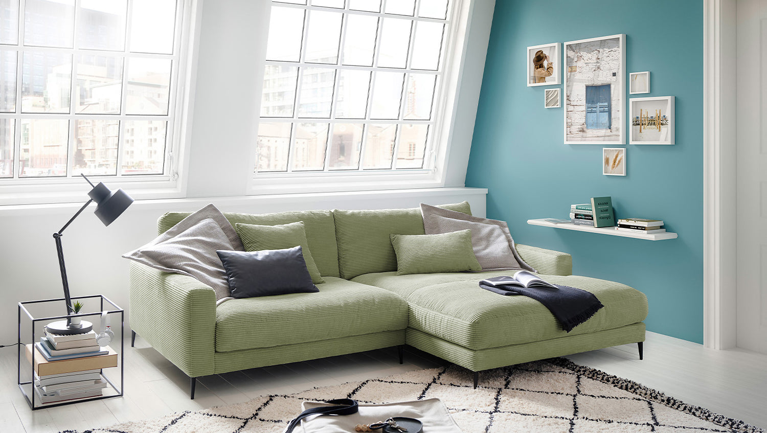 KAWOLA Ecksofa CARA Sofa Cord olivgrün, Rechts