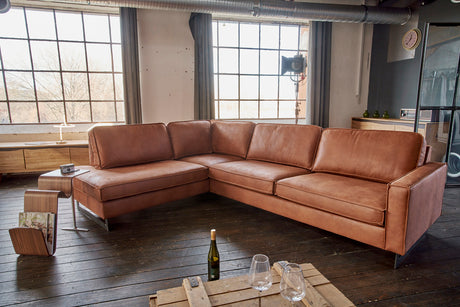 KAWOLA Ecksofa VILNIUS 3-Sitzer mit Recamiere Lederfaserstoff cognac, Links