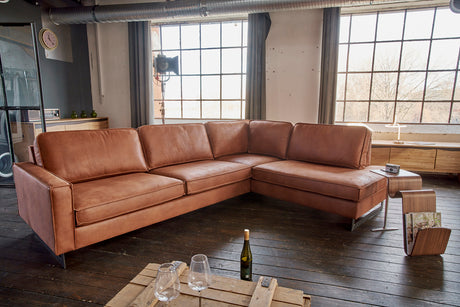 KAWOLA Ecksofa VILNIUS 3-Sitzer mit Recamiere Lederfaserstoff cognac, Rechts