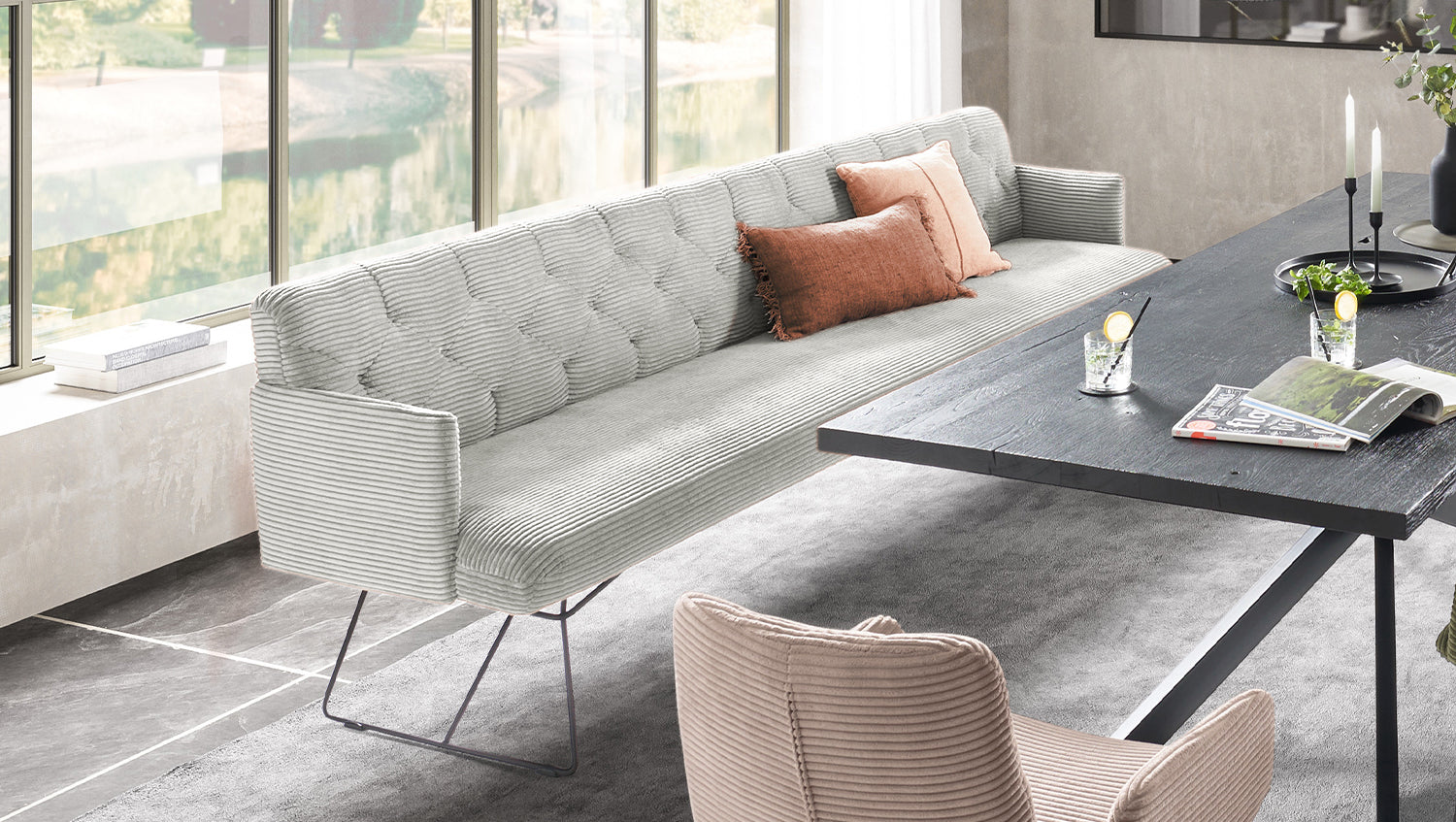 KAWOLA Esszimmerbank CHARME Cord hellgrau, 3-Sitzer