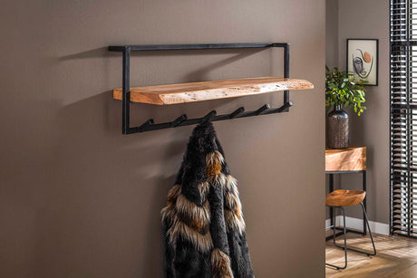 KAWOLA Garderobe NEREA Akazie Metall Hutablage mit Baumkante 6 Haken schwarz