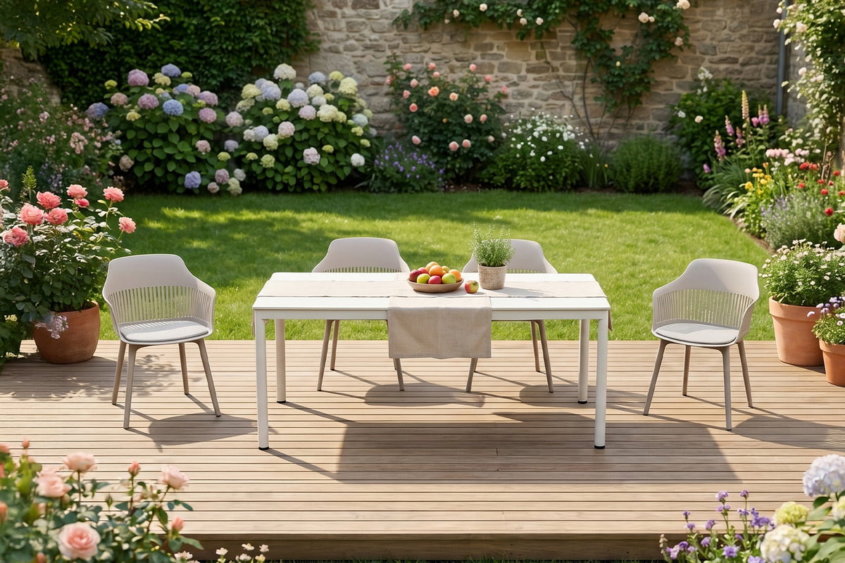 KAWOLA Gartenstuhl ALTEA Outdoor Kunststoff beige mit Kissen