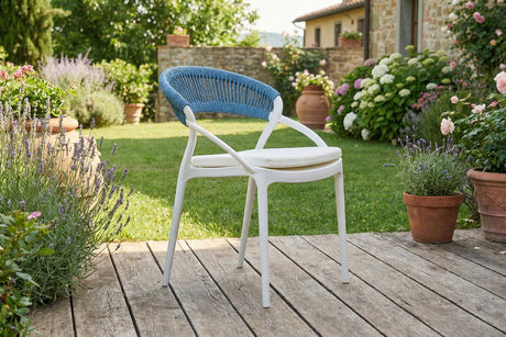 KAWOLA Gartenstuhl KISO Outdoor weiß mit Kissen Rückenlehne Rope dunkelblau