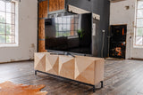 KAWOLA Lowboard ANJO TV-Board 4 Türen Eiche furniert braun Fuß Metall schwarz pulverbeschichtet