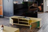 KAWOLA Lowboard LAGO TV-Board 2 Türen 2 Fächer Glas grün Fuß Edelstahl goldfarben