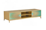 KAWOLA Lowboard LAGO TV-Board 2 Türen 2 Fächer Glas grün Fuß Edelstahl goldfarben