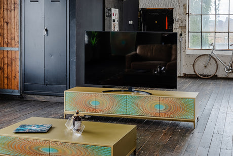 KAWOLA Lowboard LAGO TV-Board 4 Türen Glas grün Fuß Edelstahl goldfarben