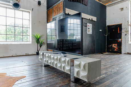 KAWOLA Lowboard MARGO TV-Board 4 Türen Ulme furniert grau Fuß Edelstahl gebürstet