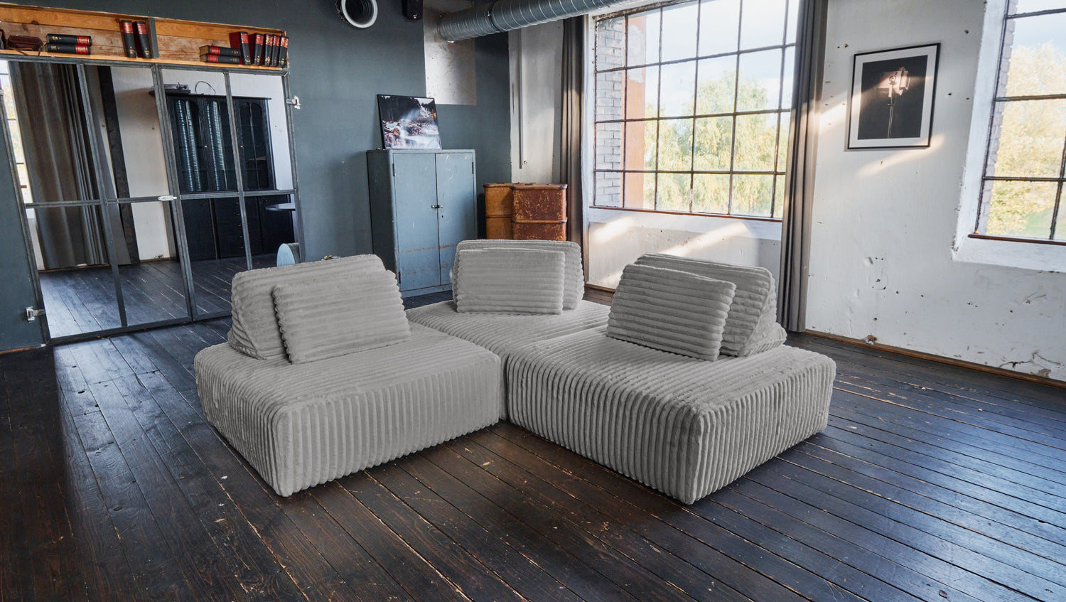 KAWOLA Modulsofa WIOLO SOFT 3 Module 3 Rückenkissen Weicher Breitcord grau