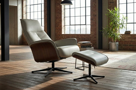 KAWOLA Relaxsessel FERREIRA Drehsessel Leder grau mit Hocker