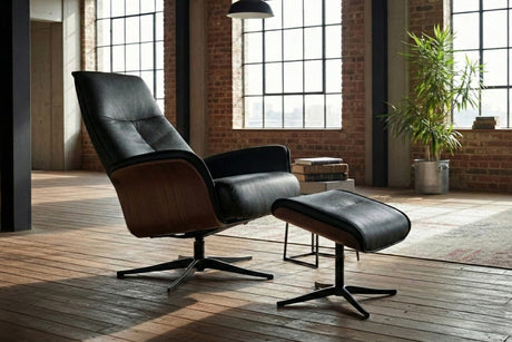 KAWOLA Relaxsessel FERREIRA Drehsessel Leder schwarz mit Hocker