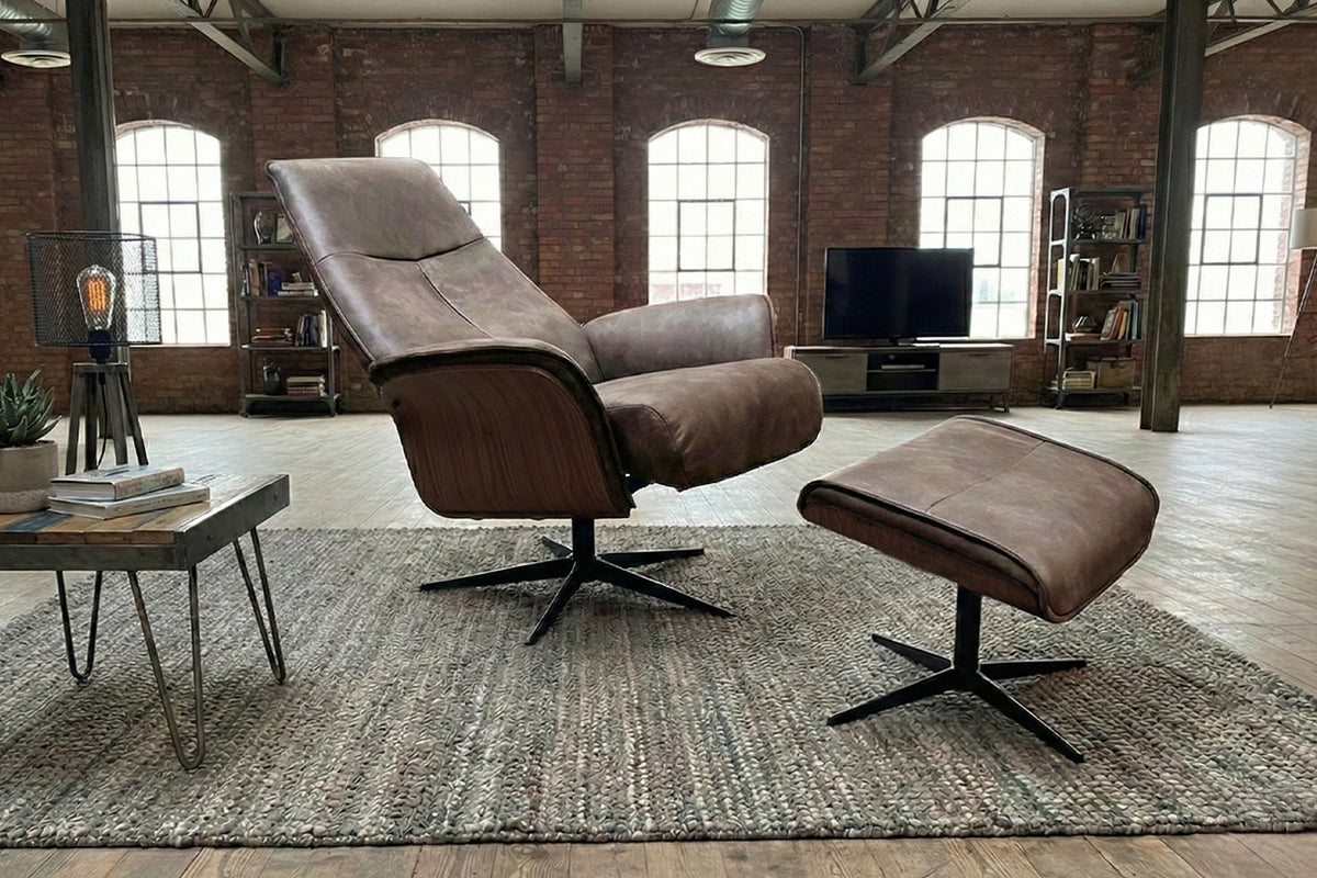 KAWOLA Relaxsessel FERREIRA Drehsessel Lederfaserstoff anthrazit mit Hocker
