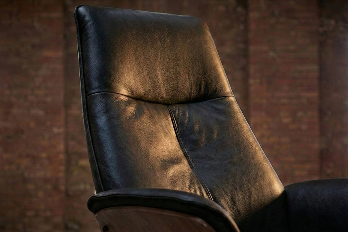 KAWOLA Relaxsessel FERREIRA Drehsessel Lederfaserstoff schwarz mit Hocker
