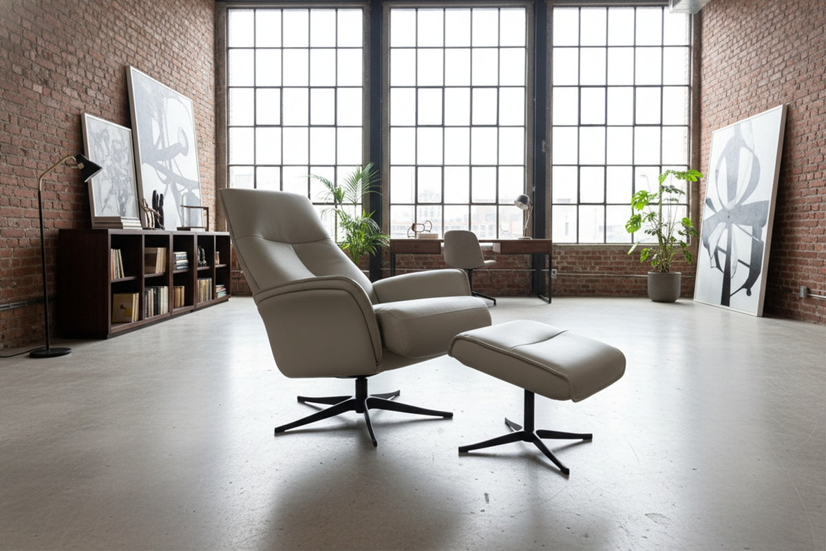 KAWOLA Relaxsessel JOSIANE Drehsessel Leder grau mit Hocker